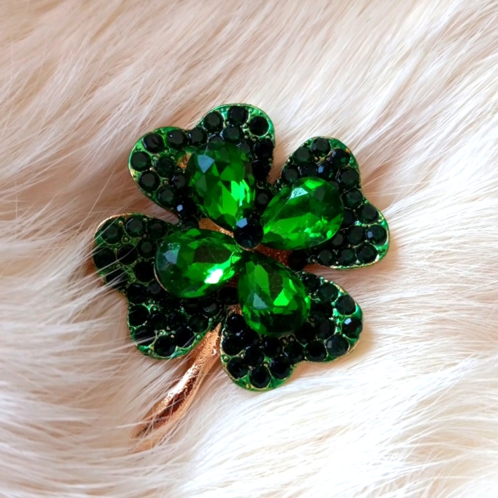 🍀 Gorgeous New Emerald Green Rhinestone 4 Leaf Clover Brooch Pin Gold Metal 🍀